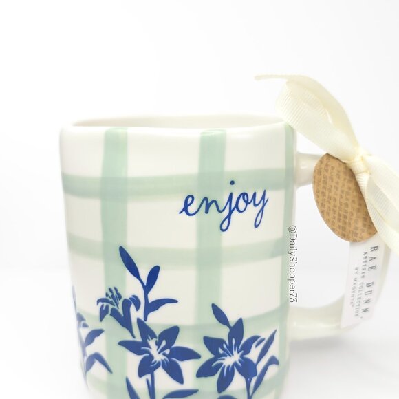 Rae Dunn "enjoy" Blue and Green Debossed Floral Ceramic Coffee Mug - Picture 1 of 6